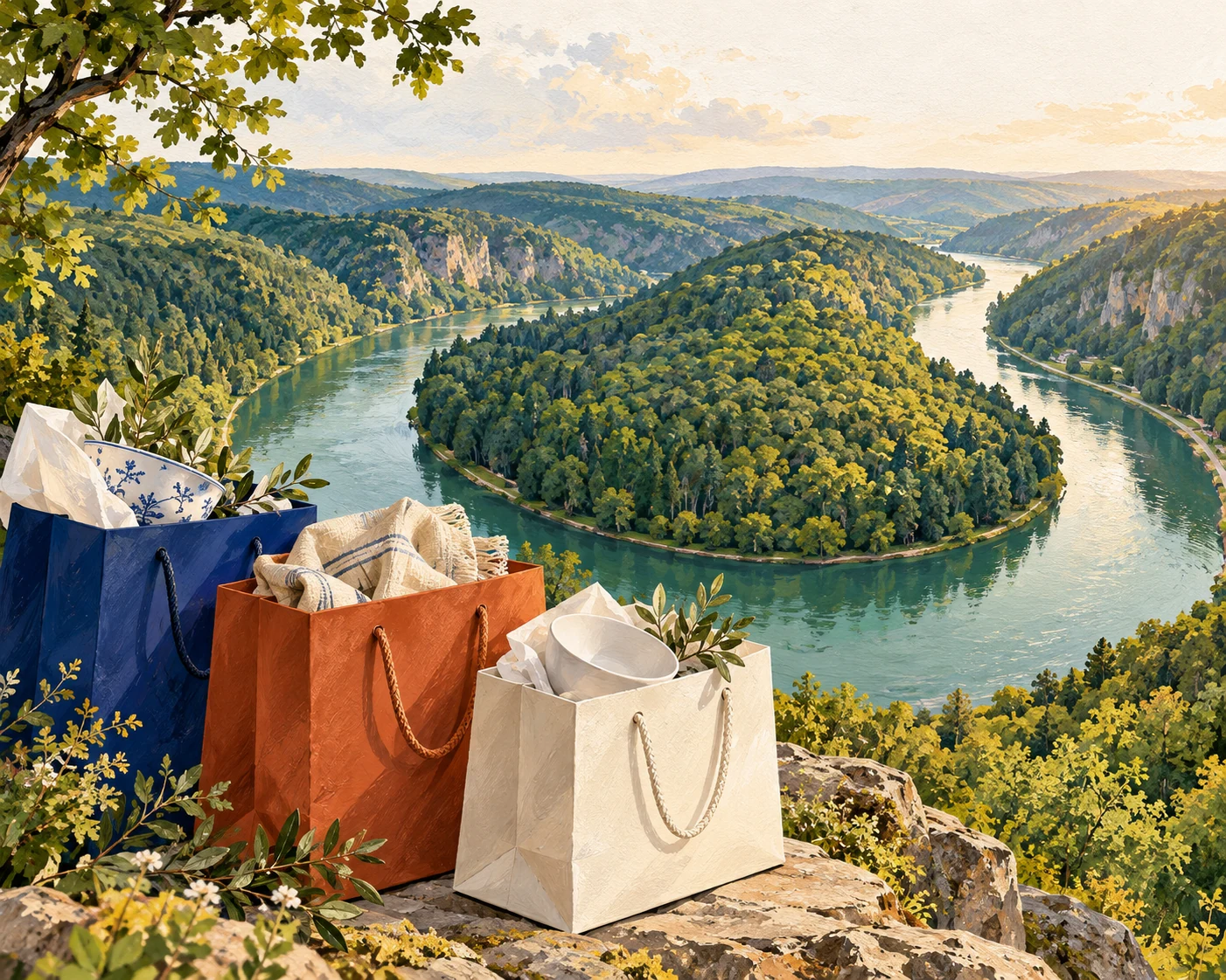 Künstlerische Flussschleifenlandschaft mit Einkaufstaschen und Porzellan.