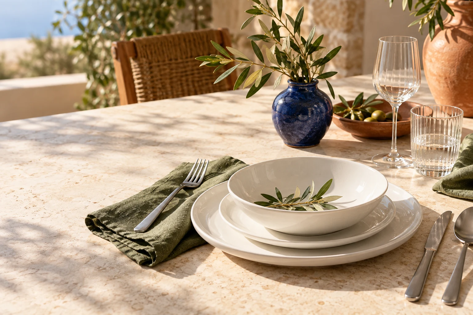 Weißes Geschirr, Gläser und grüne Tischwäsche auf einer sonnigen Tafel.
