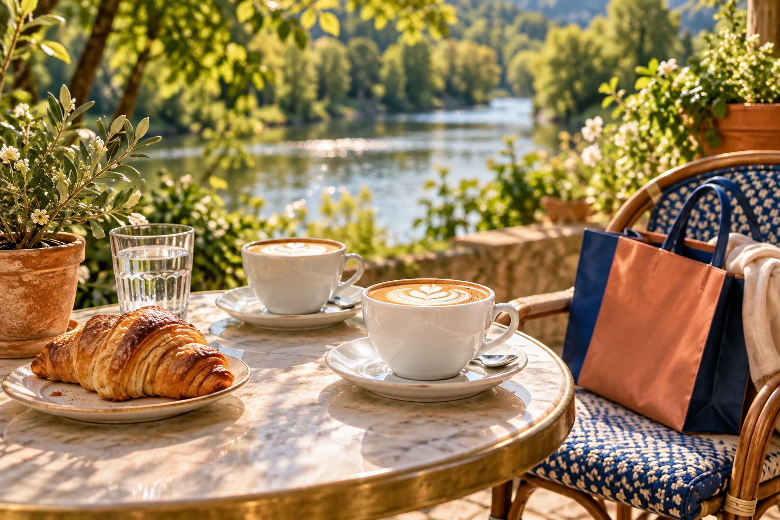 Kaffee und Croissant auf einem Tisch am Fluss, daneben Einkaufstaschen.